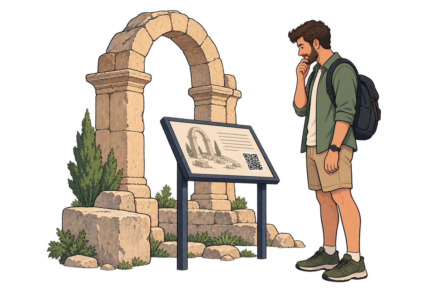 En un sitio histórico. Enlazá la señalética con fotos de archivo, relatos e indicaciones para visitantes. Mantené las instrucciones esenciales visibles en el lugar.