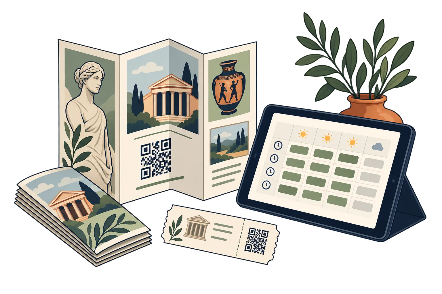 En el folleto para visitantes. Enlazá folletos con horarios, información de accesibilidad y tu servicio de entradas. Ese servicio gestiona las compras.