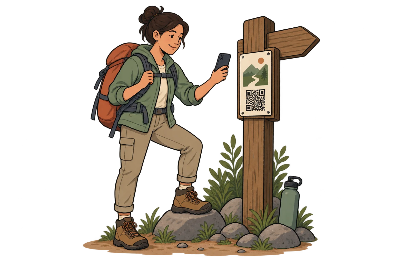 En un cartel de sendero. Enlazá carteles con guías de especies o información del recorrido. El acceso requiere conexión; mantené la orientación y seguridad esenciales en el sendero.