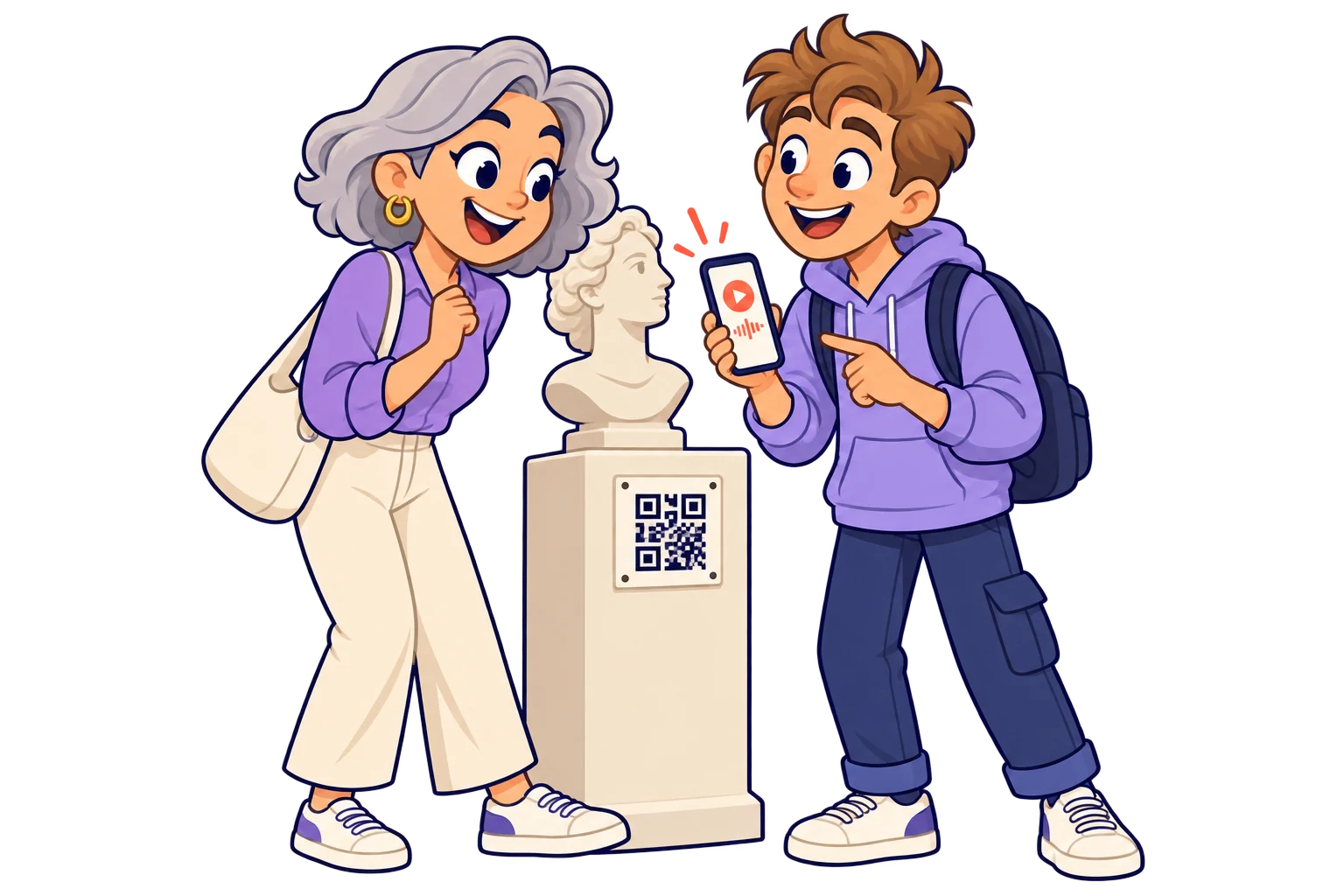 Beside an exhibit. Link stories, audio and additional material hosted on your chosen services to enrich the visit.