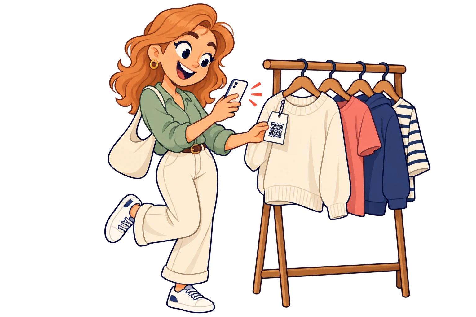 On clothing tags. Share care instructions, size guides and matching products from your shop.