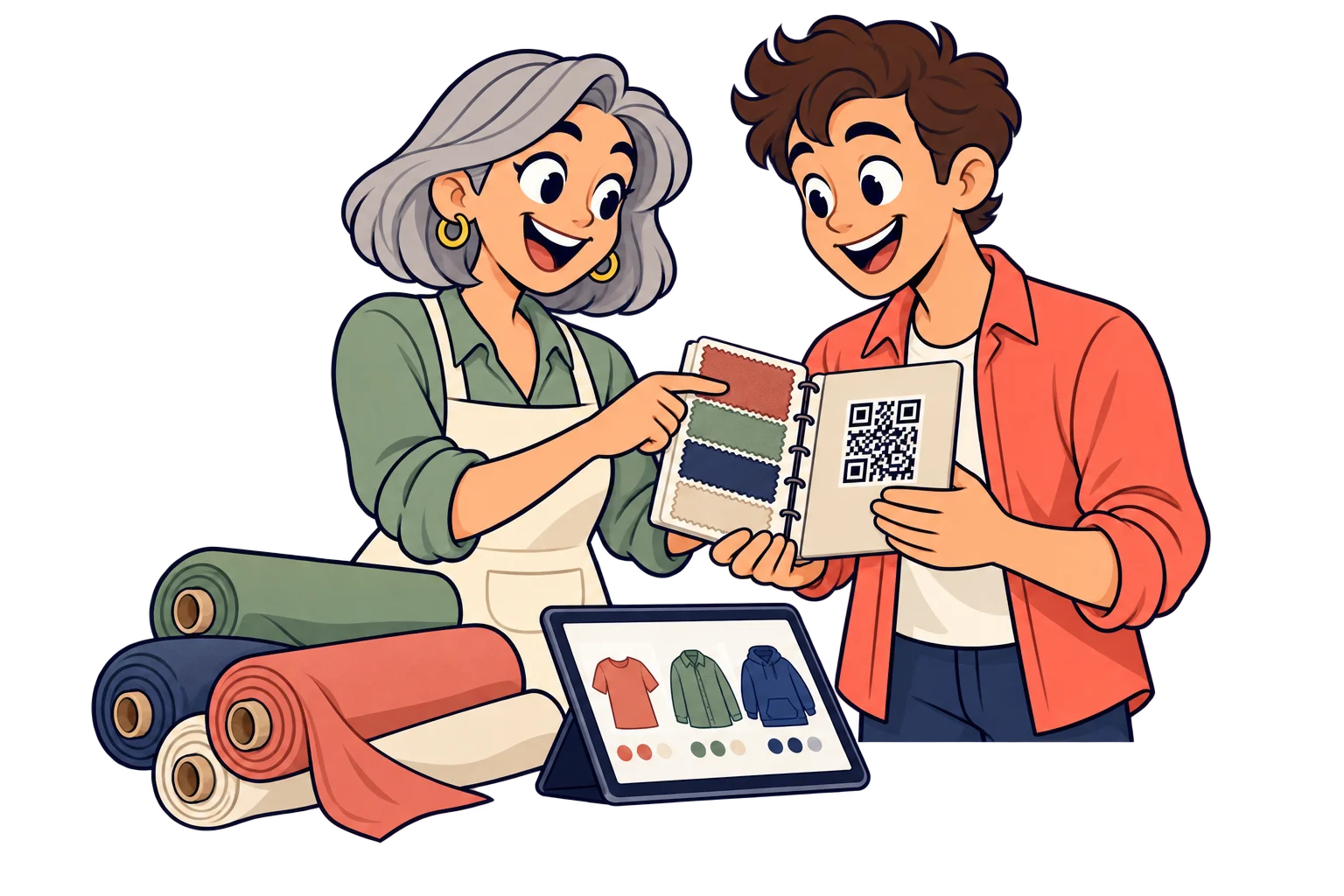 Nos mostruários para atacado. Para fabricantes têxteis e marcas de roupas: coloque um QR nas amostras de tecidos e catálogos impressos. Abra fichas técnicas, cartelas de cores e seu canal de consultas de atacado. Atualize o PDF ou a página vinculada sem reimprimir o mostruário.